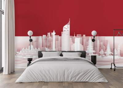 Indonesia flag and famous landmarks in paper cut style vector illustration. Wall mural