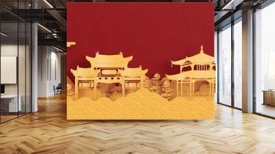 Panorama postcard and travel poster of world famous landmarks of Kunming, China in paper cut style vector illustration Wall mural