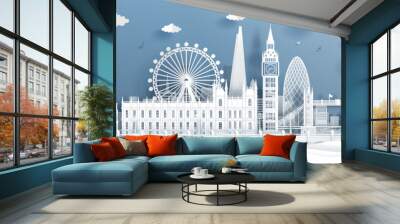 Panorama postcard and travel poster of world famous landmarks of London, England in paper cut style vector illustration Wall mural