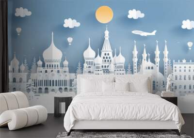 Panorama travel poster of top world famous symbol of Russia in paper cut style vector illustration. Wall mural