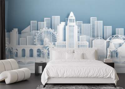 Panorama view of Los Angeles, California. United States skyline with world famous landmarks in paper cut style vector illustration. Wall mural