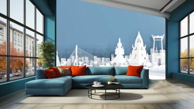 Panorama view of Thailand skyline with world famous landmarks in paper cut style vector illustration Wall mural