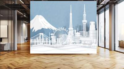 Panorama view of Tokyo city skyline with world famous landmarks of Japan in paper cut style vector illustration. Wall mural