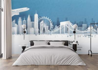 Travel advertising with travel to America concept with panorama view of New York City skyline and world famous landmarks in paper cut style vector illustration. Wall mural