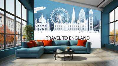 Travel advertising with travel to England concept with panorama view of London city skyline and world famous landmarks in paper cut style vector illustration. Wall mural