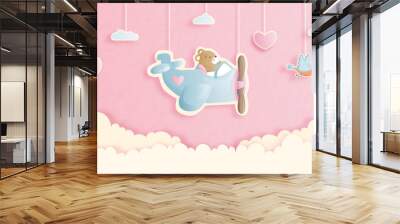 Valentines card with cute teddy bear in paper cut style vector illustration. Wall mural