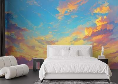 A beautiful blue sky with a few clouds and a sun in the middle Wall mural