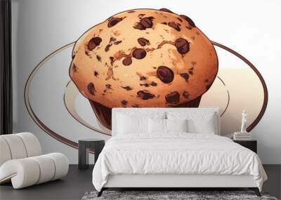 A chocolate chip muffin sits on a white plate Wall mural