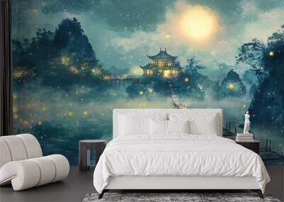 A clear lake reflecting stars and the moon. An ancient wooden bridge leads to a floating island surrounded Wall mural