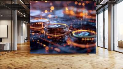 A computer chip with three coins on it, one of which is a Bitcoin Wall mural