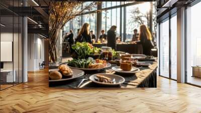 A table with a variety of food and drinks, including a salad, sandwiches Wall mural