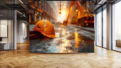 A yellow hard hat is laying on the ground in front of a large crane Wall mural