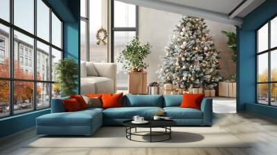 beautifully decorated Christmas tree with gifts and cozy decor Wall mural