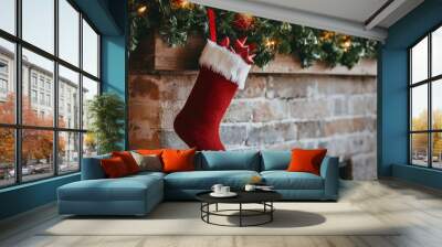 A Christmas stocking filled with gifts hanging on a mantel decorated with garlands and lights Wall mural