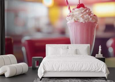 A close-up of a strawberry milkshake with whipped cream and a cherry on top, served in a retro diner. Wall mural