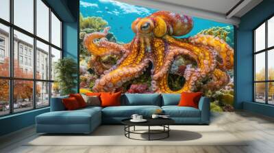 A colorful octopus camouflaged against a coral reef, with tentacles spread out. Wall mural