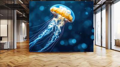 A jellyfish floating gracefully in the open ocean, with its tentacles trailing behind. Wall mural