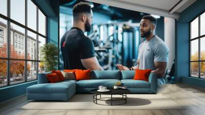 A personal trainer guiding a client through exercises in a gym. Wall mural