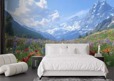 A picturesque meadow in the Alps filled with colorful spring flowers, framed by towering mountain peaks and clear skies. Wall mural