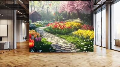 A picturesque spring garden with colorful tulips, daffodils, and a gentle breeze Wall mural