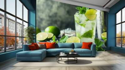 A refreshing mojito with lime slices and mint, with a cocktail shaker in the background. Wall mural