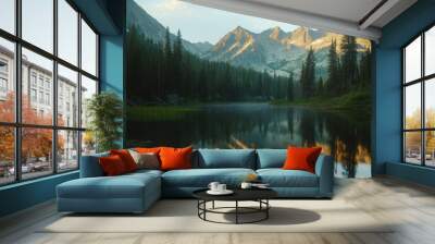 A serene alpine lake reflecting towering mountains and dense pine forests in the early morning light. Wall mural