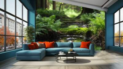 A tranquil scene of ferns and moss beside a small, peaceful woodland pond Wall mural