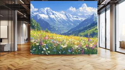 A vibrant spring meadow in the Alps with a variety of blooming wildflowers and snow-capped mountains in the distance. Wall mural