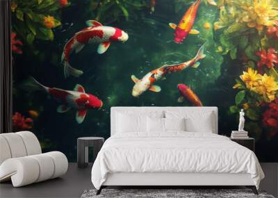 An underwater view of koi fish swimming among colorful aquatic plants in a peaceful pond Wall mural