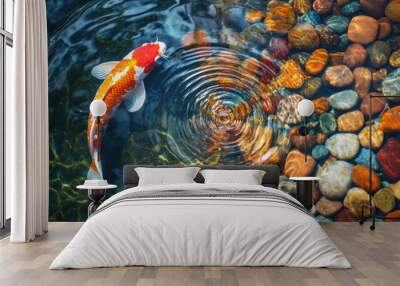 Brightly colored koi fish creating ripples in a clear pond surrounded by colorful pebbles Wall mural