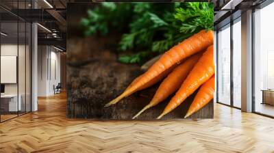 Freshly harvested carrots with water drops, lying on a rustic wooden surface with green tops intact. Wall mural