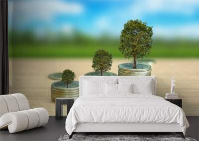 Tree on growth saving money on table against blurred field background. Wall mural