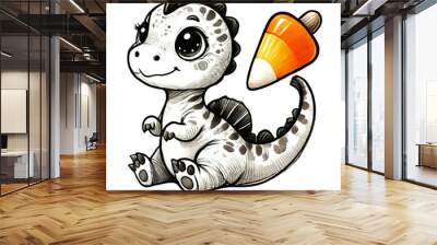 baby Spinosaurus wagging a candy corn-shaped tail, looking excited and playful. Wall mural