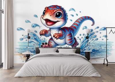 baby Velociraptor running through the shallow waves, splashing water everywhere. Wall mural