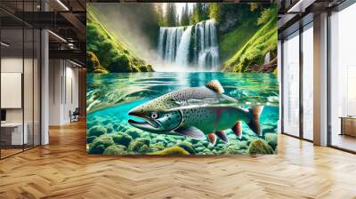 salmon in a clear pool at the base of a waterfall Wall mural