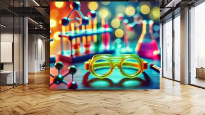 Toy scientist goggles at the edge of the frame, blurred toy chemistry Wall mural