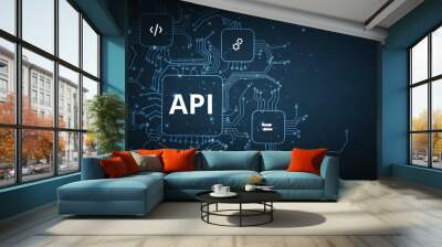 Application Programming Interface (API) concept. Software development tool, information technology, modern technology, internet and networking concept on dark blue background. Wall mural