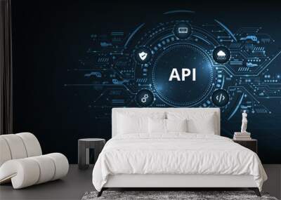 Application Programming Interface (API) design. Software development tool, information technology, modern technology, internet and networking concept on dark blue background. Wall mural