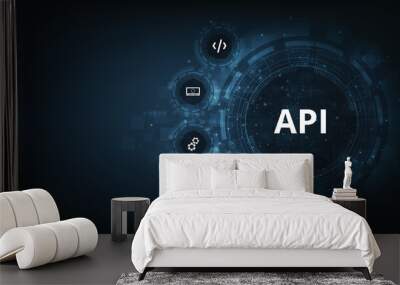 Application Programming Interface (API). Software development tool, information technology, modern technology, internet and networking concept. on dark blue background. Wall mural