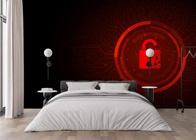 Concept of destroyed cyber security.Padlock red open on electric circuits network dark red background.Cyber attack and Information leak concept.Vector illustration. Wall mural