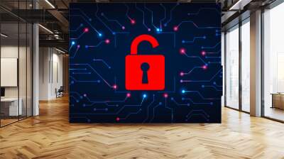 Cyber security destroyed concept.Padlock red open on electric circuits  network dark blue background.Cyber attack and Information leak concept.Vector illustration. Wall mural