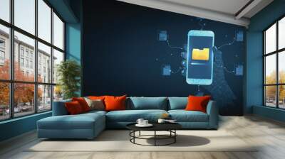 Document management and digital document paperless operation concept. Document management and Data transfer through cloud technology with modern internet technology on the dark blue background. Wall mural