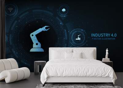 Industry 4.0 concept.Realistic robotic arm with futuristic elements on dark blue background. Autonomous industrial technology design. Wall mural