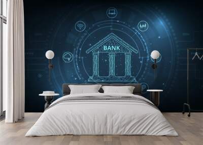 Online banking technology concept.Isometric illustration of bank on electric circuit lines background.Digital connect system.Financial technology concept.Vector illustration.EPS 10.  Wall mural