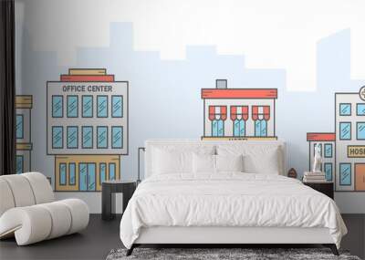 City skyline. Landscape with row houses of bank, office center, hotel, hospital. Street horizontal panorama. Vector illustration Wall mural