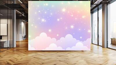 Cloudy sky background. Unicorn fantasy pastel galaxy. Rainbow cute wallpaper. Fluffy magic pink landscape. Vector illustration Wall mural