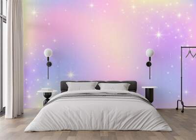 Color gradient background. Light rainbow pastel sky. Abstract iridescent vector texture with sparkles and stars. Soft pink and purple unicorn dreamy wallpaper with spectrum gradation. Wall mural