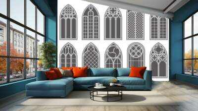 Gothic church windows. Vector architecture arches with glass. Old castle and cathedral frames. Medieval stained interior design. Vintage illustration Wall mural