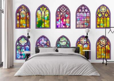 Gothic windows set. Vintage stained glass church frames. Element of traditional european architecture. Vector Wall mural