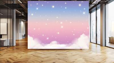 Holographic fantasy rainbow unicorn background with clouds and stars. Pastel color sky. Magical landscape, abstract fabulous pattern. Cute candy wallpaper. Vector. Wall mural